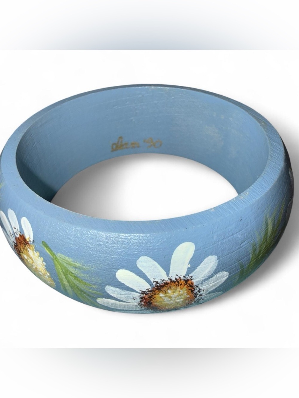 Vintage 90s Hand painted wooden bangle with white daisies